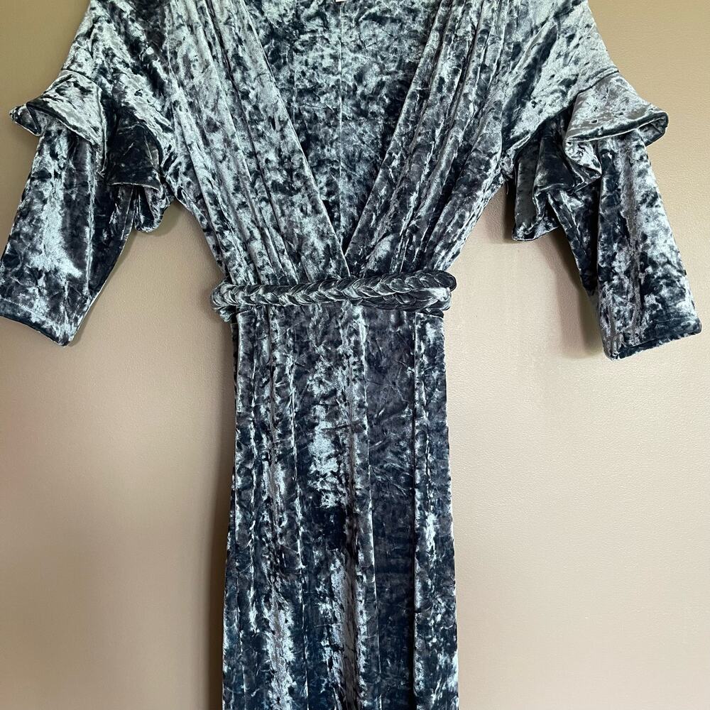 Misa Symone Wrap Dress Velvet Maxi Size XS Ruffle Sleeves Braided Sash Belt Teal - Picture 10 of 16